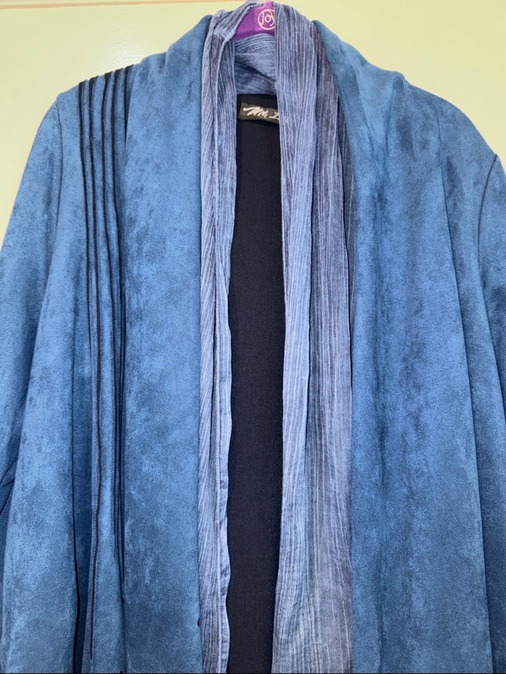 NWT Blue Suede Long Duster Coat Cutout Perforated Hem & attached sheer scarf SzM - Picture 4 of 11